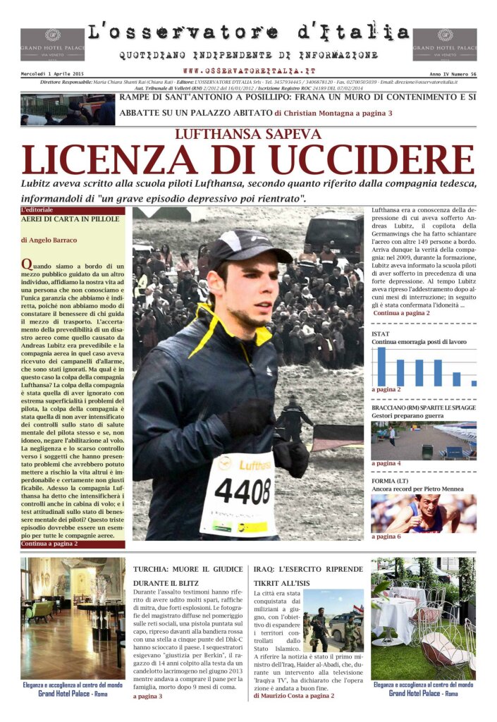 L'osservatore d'Italia edizione del 1 Aprile 2015
